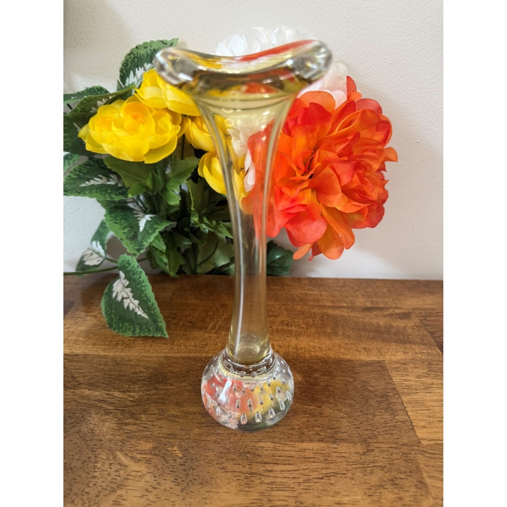 Vintage Murano Hand Blown Glass Bud Vase Yellow Glass Clear Bubble Base‎